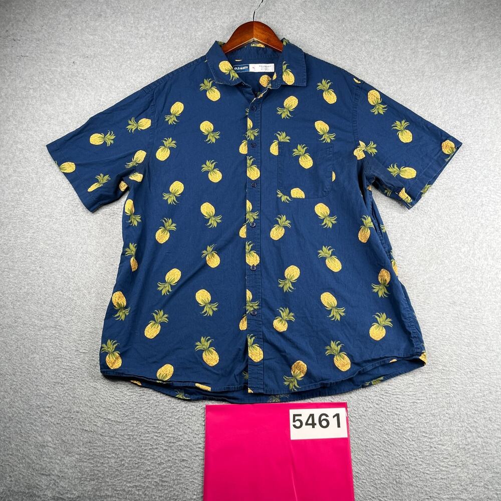 Old Navy Pineapple Print Shirt XL Navy Beach Casual Button Up Short Sleeve Mens